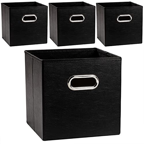 PRANDOM Leather Foldable Cube Storage Bins 11x11 inch [4-Pack] Fabric Storage Baskets Cubes Drawer with Cotton Handles Organizer for Shelves Nursery Closet Bedroom Clothes Black - color: Black, size: 11x11 in(4-Pack)