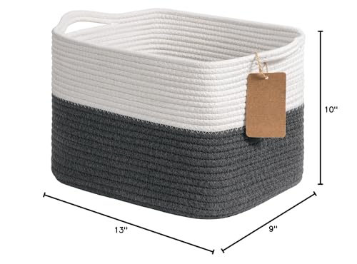 Goodpick Woven Storage Basket for Shelves, Baskets for Organizing, Cotton Rope Baskets with Handles, Rectangle Basket for Baby Toy Storage, 13 x 10 x 9 Inches, White & Dark Gray - color: Dark Gray, size: 13"L x 10"W x 9"H