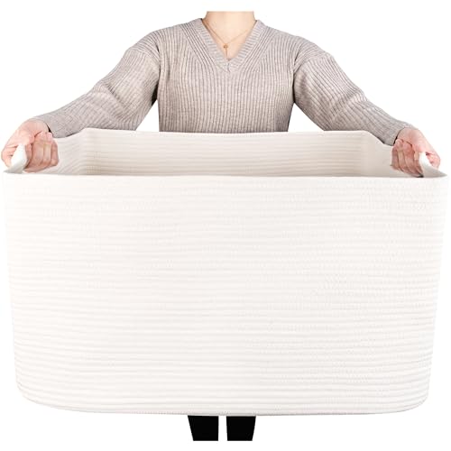 MINTWOOD Design 22in Extra Large Blanket Basket Holder Living Room, Rectangle Rope Woven Storage Basket with Handles for Laundry, Pool Towels, and Shoes, Dog Toy Organizer Bin Box, Creamy White - color: Creamy White
