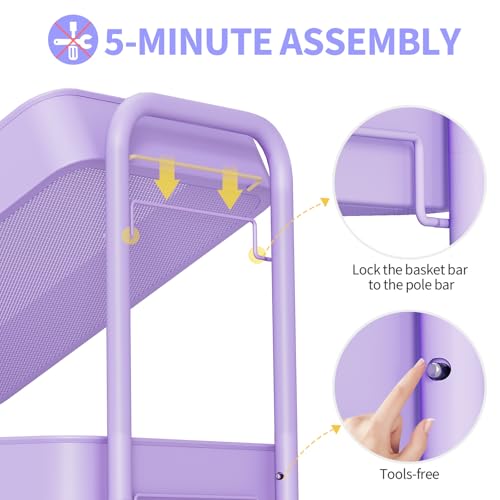 TOOLF 3-Tier Rolling Cart - Metal Utility Storage Organizer with Lockable Wheels, 33 lbs Per Shelf, Tool-Free 5-Min Assembly, for Kitchen Bathroom Office Nursery Craft Room, Purple - color: Purple, size: 3-Tier