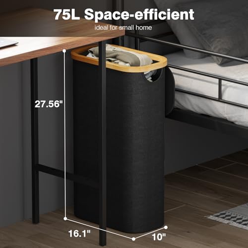 Bathola 75L Slim Laundry Hamper with Lid, Dirty Clothes Hampers for Laundry, Collapsible Laundry Baskets for Small Spaces, Bedroom, Bathroom, Laundry Room, Black - color: Black, size: 75L