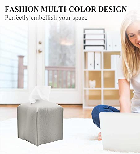 Livelab Tissue Box Cover Holder, Square Modern Decoration PU Leather Facial Tissues Case Roll Paper Dispenser for Bathroom Vanity Countertop, Night Stands, Office Desk Car 5X5X5'' | Pastel Grey - color: Pastel Grey