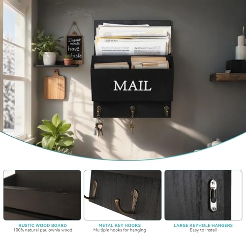 Wooden Mail Organizer with Key Hooks, Rustic Wall Mounted Letter Holder, Farmhouse Mail Sorter with Hooks, Bill Letter Storage for Entryway, Black