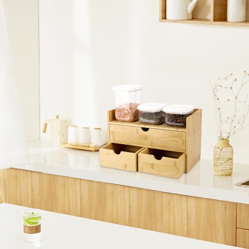 Charmewooden Bamboo Desk Organizer With Drawers Countertop Drawers Counter Storage Box Corner Desk Organizer for Home Office No Assembly Required (3 Drawers with shelf) - style: 3 Drawers with shelf