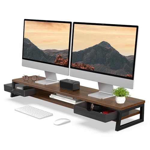 Fenge Dual Monitor Stand, Monitor Riser with Drawer, 42.5 Inch Large Computer Monitor Stand for 2 Monitors, 2 Tier Wooden Desk Shelf for Top of Desk - color: Brown