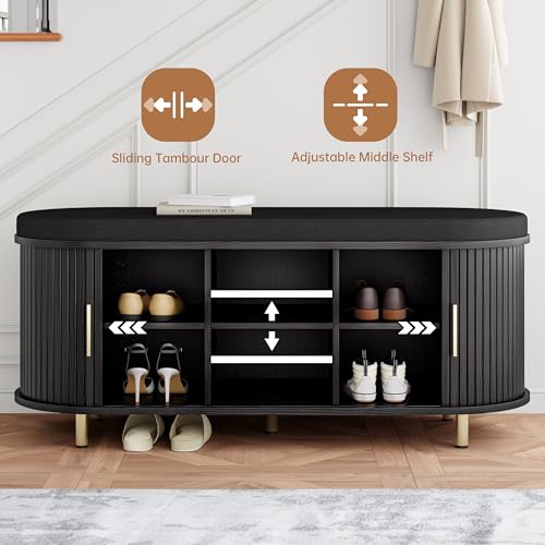 DHH 2-Tier Storage Bench,Wide Shoe Bench with Thickened Padded Seat Cushion, Mid Century Modern Fluted Sliding Door and Adjustable Shelf, for Entryway, Living Room, Bedroom (Black, 43.3“) - color: Black, size: 43.3 inch