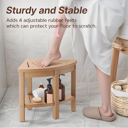 Shower Stool for Inside Shower, Corner Shower Stool, Shower Bench Seat with Storage Shelf for Shaving Legs Plastic Spa Bath Step Foot Rest for Bathroom Small Place - color: Teak
