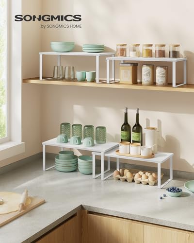 SONGMICS Cabinet Organizer Shelf, Set of 4 Kitchen Counter Shelves, Kitchen Storage, Spice Rack, Stackable, Expandable, Metal and Engineered Wood, Cloud White and Snow White UKCS028W01 - color: Cloud White + Snow White, size: 15.6"W
