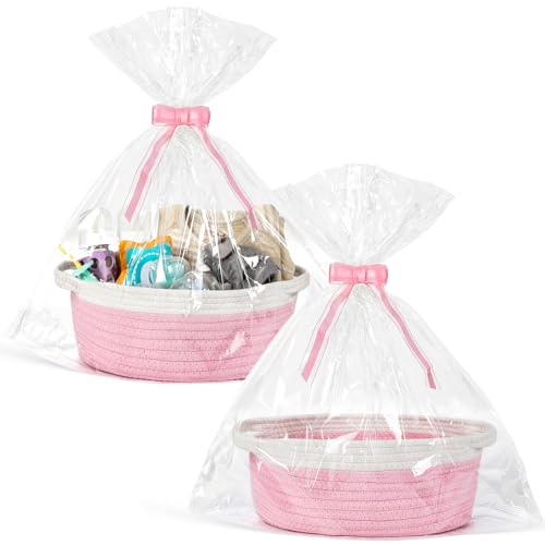 2 Pack Small Woven Basket with Gift Bags and Ribbons, Empty Decorative Gift Chest Box, Cute Baby Gift Basket for Nursery, Cotton Rope Room Shelf Storage Basket with Handles, All 12"x 8"x 5", Pink - color: Pink