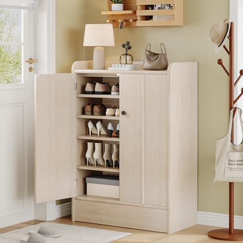 iPormis 6-Tier Shoe Cabinet with Drawer, 47” Tall Large Shoe Storage Cabinet with Doors & Adjustable Shelves, Freestanding Wooden Shoe Rack Organizer Cabinet for Entryway Hallway, Natural - color: Natural