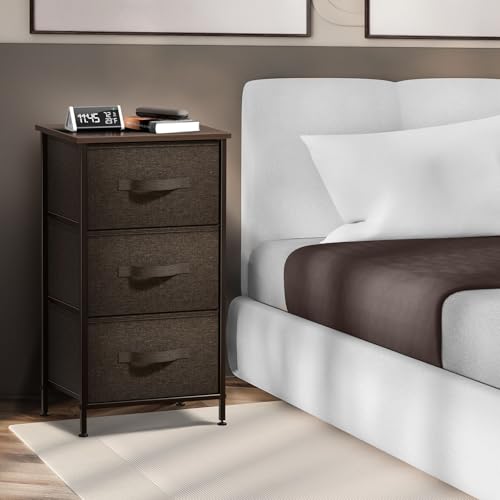 Sorbus Nightstand with 3 Drawers - Bedside Furniture & Night Stand End Table Dresser with Steel Frame, Wood Top, Easy Pull Fabric Bins for Home, Bedroom Accessories, Office & Dorm - color: Brown, style: 3 Drawer