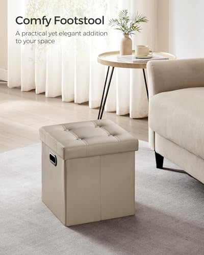 SONGMICS Mazie Collection - 15 Inches Ottoman with Storage, Footstool, Storage Ottoman with Metal Handles, Load 660 lb, for Dorm, Living Room, Bedroom, Synthetic Leather, Camel Brown ULSF030K03 - color: Camel Brown, size: 15"D x 15"W x 15"H