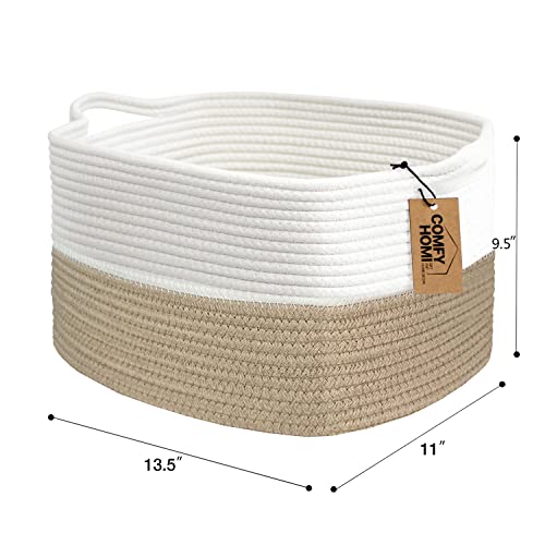 COMFY-HOMI Cotton Rope Woven Basket with Handles for Shelves,Toys,Book, Cloth Storage Baskets Bin for Organizing-13.5"x11"x9.5" Toy Decorative Organizer for Living Room, Bathroom-Light Brown - color: light brown, size: 13.5"X11"X9.5"