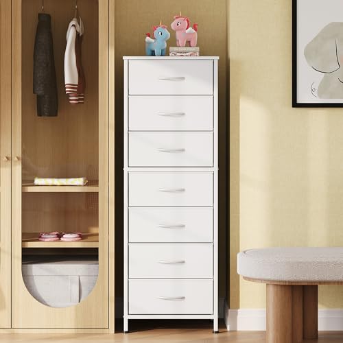 WLIVE White Tall Dresser for Bedroom, 7 Drawer Dressers & Chests of Drawers, Fabric Dresser for Closet, Living Room, Night Stand with Metal Frame, Storage Tower with Fabric Bins, Wood Top - color: White, size: 11.73"D x 15.67"W x 45.28"H
