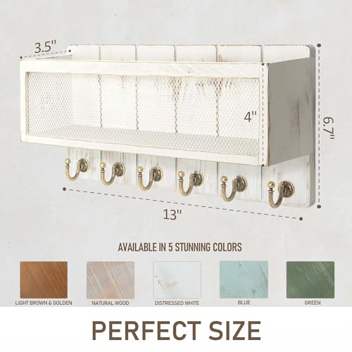 Rebee Vision Pine Wooden Key Holder Wall Mount with Mail Organizer Basket – Rustic Farmhouse Wall Decor for Living Room – Vintage Key Rack & Storage Organizer for Home Essentials (Whitewash) - color: Whitewash