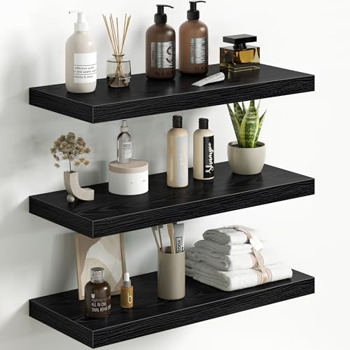Fun Memories Floating Shelves for Wall 24 Inch Set of 3, Farmhouse Floating Shelves with Invisible Heavy Duty Bracket, 10 Inch Deep Bathroom Shelves for Storage, Living Room, Kitchen, Decor, Black - color: Black, size: 24"W x 10"D - 3P