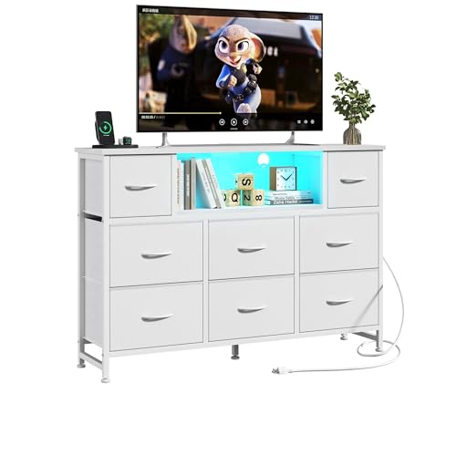 Simple Deluxe TV Stand Dresser with 8 Fabric Drawers and Open Shelves, Entertainment Center with LED Lights & Charging Station, Wood Top for 45" -55" TV, for Bedroom/Living Room/Hallway, White - color: White, size: 47.2"D x 11.8"W x 31.5"H (8 Drawers)