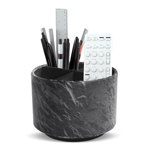 Hennaja Round Leather Art Supply Organizer,Remote Control Holder,360 Degree Spinning,Multi-Functional Pencil Holder,4 Compartments Desktop Stationary Organizer(1-Hill Black) - color: 1-Hill Black
