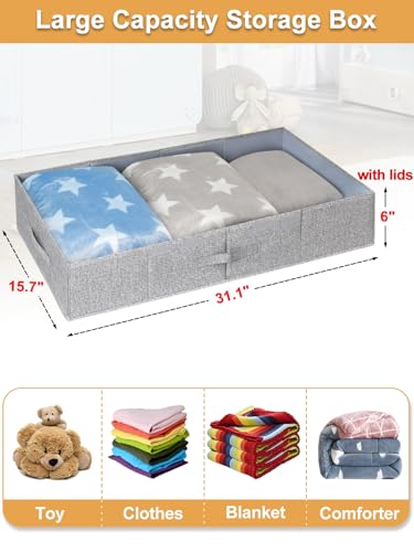 punemi Under Bed Storage With Lids, 2 Pack Large Underbed Storage Containers Clothes W/ 3 Handles, Foldable Low Profile Stackable Drawer Organizer Bins Box for Blanket Shoe Bedroom, 31.1*15.7*6inch - color: Grey-2pack, size: 6 inch Tall