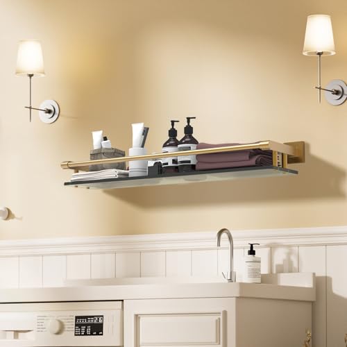 Glass Shelf for Bathroom 24 inch Rectangular Stainless Steel Wall Sheves Tempered Glass Modern Stainless Steel Wall Mount Accessories Organizers Storage (Brushed Gold) - color: Brushed Gold, size: 24'' with Railing