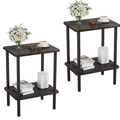 Apicizon 2 Tier End Table Set of 2, Small Side Table with Solid Wood Legs, Boho Bedside Table with Storage Shelf, Nightstand for Small Spaces, Bedroom, Living Room, Entryway, Rustic Oak - color: Dark Rustic Oak, size: 2 Set, style: 2 Tier