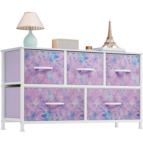 YITAHOME Wide Storage Tower with 5 Drawers - Fabric Dresser, Organizer Unit for Bedroom, Living Room, Closets - Sturdy Steel Frame, Easy Pull Fabric Bins & Wooden Top - color: Tie Purple, style: 5-Drawer