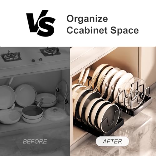 Pots and Pans Organizer Under Cabinet 2 Pack, Pull-Out Cabinet Organizer for Pot Lids, Bakeware, Dishes, 8 Adjustable Dividers (Black - color: Black