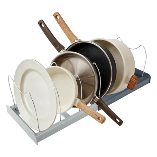 Pot and Pan Organizer Rack for Cabinet - Expandable 12" to 22" Kitchen Cabinet Organizer with 7 Dividers, Heavy-Duty ABS Base for Lids, Cutting Boards, Bakeware, Cookware Storage, Grey - color: Deep Grey + Light Grey