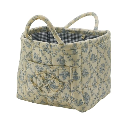 Quilted Fabric Storage Basket with Handles & Pocket, Foldable Laundry Hamper Boho Floral Print Organizer Bin for Home, Picnic, Office 12"x10"x10" (B-3) - color: B-3