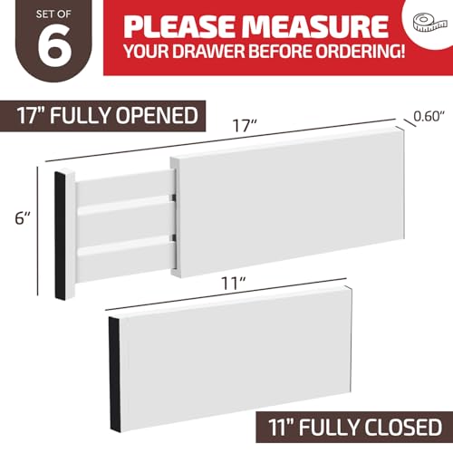 6-Pack Drawer Dividers 6 Inch High, 11”-17" Adjustable Bamboo Organizers Large Expandable Drawer Separators for Cloths, Dresser, Bedroom, Bathroom, Baby Drawer, Office & Kitchen Utensils (White) - color: White, size: 6-Inch High