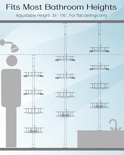 ALLZONE Corner Shower Caddy Tension Pole, 4 Hang-On Basket with Mixed-Height Shelves for Various Bottle Sizes, Extra Hooks & Soap Holder, Rustproof Stainless Steel, Fits 34–116 Inch, Black/White - color: Black/White