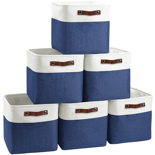 FinishingBo Cube Storage Baskets 6 Pack, 11x11 inch Cube Storage Bins with Leather Handles for Shelf Closet (White/ Blue) - color: White/ Blue