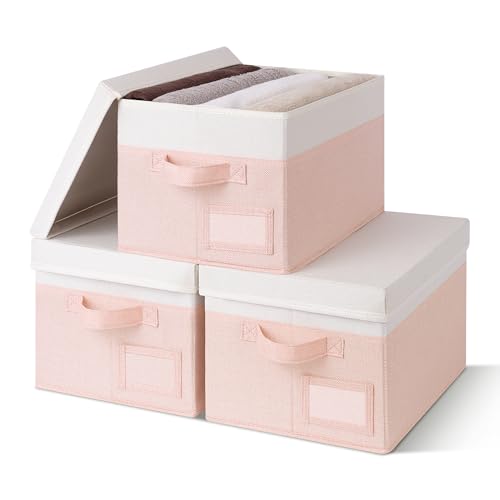 GRANNY SAYS Storage Bins with Lids, Storage Boxes for Organizing, Storage Baskets with Label, Closet Organizers and Storage, Storage Bins for Shelves, Decorative Storage Boxes, 3-Pack, Pink&Ivory - color: White&Pink, size: Medium