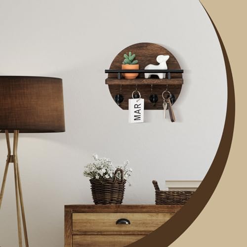 Nekon Key Holder for Wall - 9.8 Inch Apartment Wall Decor with Shelf and 8 Key Hooks, Circular Wood Key Hanger for Home Decor (Brown) - color: Brown