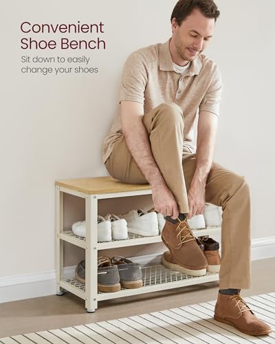 VASAGLE 3-Tier Shoe Rack, Shelf Storage Bench with Metal Mesh Shelves and Seat, Free Standing Shoe Organizer for Entryway, 11.8 x 28.7 x 17.7 Inches, Oak Beige and Classic White ULBS073W09 - color: Oak Beige + Classic White, size: 28.7"W x 17.7"H, style: