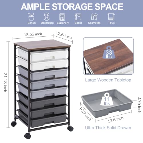 SYKIARIOL Rolling Cart with Drawers,Utility Cart With 8 Drawers and Wooden Tabletop for Living Room,Classroom,Bedroom,Bathroom,Dorm,Office,Dark Grey - color: Gray
