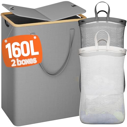 160L Double Laundry Hamper with Lid 2 Section, Large Bamboo Laundry Basket with 2 Removable Bags, Clothes Hampers for Laundry for Bedroom, Bathroom, Dorm, Laundry Room, Grey - color: Grey, size: 160L