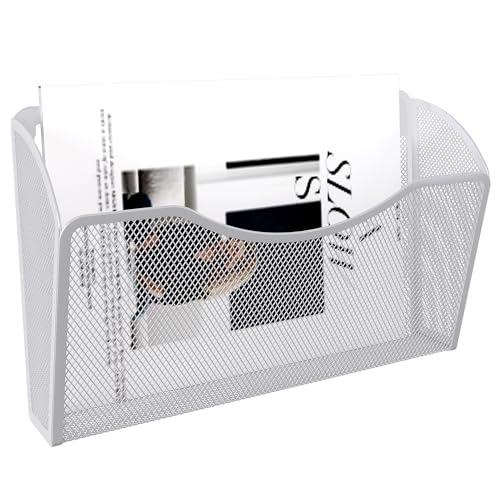 EasyPAG Wall File Organizer, Metal Mesh Hanging File Folder Holder for Letter/A4 Size Folders, Vertical Wall Mount Mail Sorter for Office Paperwork, Classroom, White - color: White