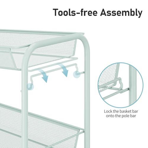 TOOLF 3-Tier Metal Rolling Cart, Mesh Wire Easy Assemble Utility Cart, Storage Trolley on Wheels with 3 Hooks, MetalStorage Shelving Units for Kitchen Bathroom Laundry Room - color: Green, size: 3-Tier