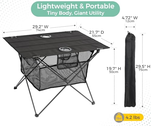 Lightweight Camping Table - Portable Folding Beach Side Table w/2 Cup Holders & Large Storage Basket, Compact Fold for Tailgate Travel Outdoor Fishing Picnic | 29.2" W x 21.7" D (Black) - color: A: Black