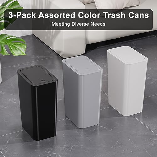 N. NETDOT 3 Pack 10L/2.6 Gal Bathroom Trash Can with Lid, Trash Bin with Press Lid, Small Trash Can/Slim Garbage Cans/Waste Basket for Bathroom,Kitchen,Office,Bedroom - Black,Gray,Off White - color: Black-Gray-Off White