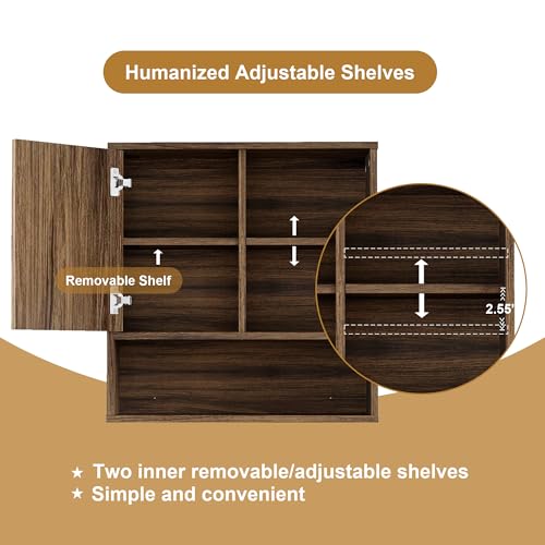 Farmhouse Bathroom Wall Cabinet Fluted,Medicine Cabinet Over The Toilet Storage Cabinet with Adjustable Shelf, Wood Wall Mounted Storage Cabinet Organizer 23.2Wx24Hx7.6D (Dark Walnut, Medium) - color: Dark Walnut, size: Medium