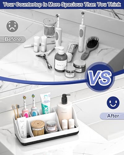 Bathroom Counter Organizer and Storage with 2 Pack Qtip Holder Dispenser, 7 Slots Detachable Toothbrush Holders for Bathrooms, Anti-Slip Electric Toothbrush and Toothpaste Holder Countertop - color: White Black