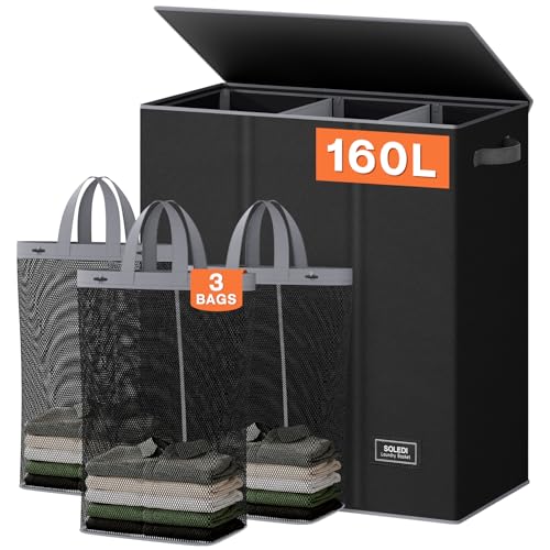 SOLEDI 160L Laundry Hamper 3 Section, Extra Large Laundry Hamper with Lid, Dirty Clothes Hamper with Sturdy Handle, Large Laundry Basket Organizer for Laundry Room, Bedroom, Hampers for Laundry - color: Black, size: 160L
