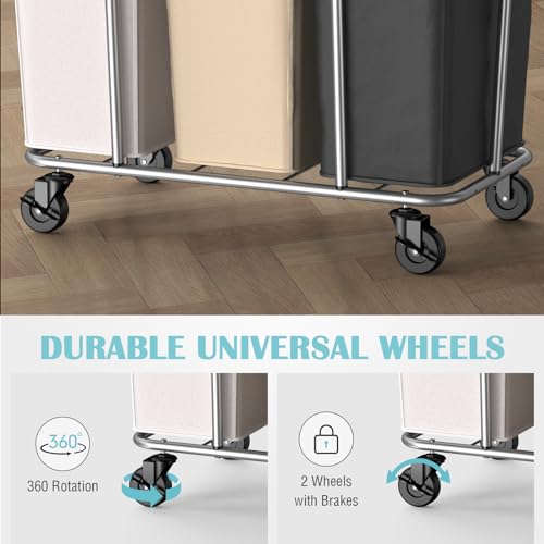 PLKOW Laundry Sorter 3 Section, 220L Large Laundry Cart with Wheels 3 Hamper Laundry Sorter with Steel Frame and Removable Bag, Rolling Laundry Cart for Home, Laundry Room, Hotel, 6 Bushel - color: White+Khaki+Black-220L