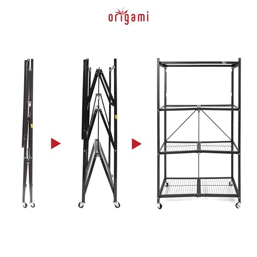 Origami 3 Pack 4 Tier Foldable Metal Garage Storage Shelf Rack, Wheels & Powder Coated Steel, Black - color: Black, size: 3-Pack