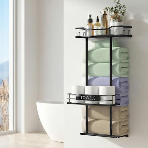 Towel Racks for Bathroom, 30inch Wall Mounted Towel Rack, Towel Storage for Small Bathroom Can Holds 6 Large Towels, Floating Shelf with Adjustable Tissue Basket(Black). - color: Black
