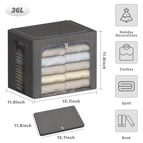 4 Pack Clothes Storage Bins with Metal Frame - 36L Stackable Storage Box with Lid，Foldable Storage Container Organizer for Clothes，Linen Fabric Storage Box with Clear Window＆Zippers＆Handles - color: Grey, size: 36L
