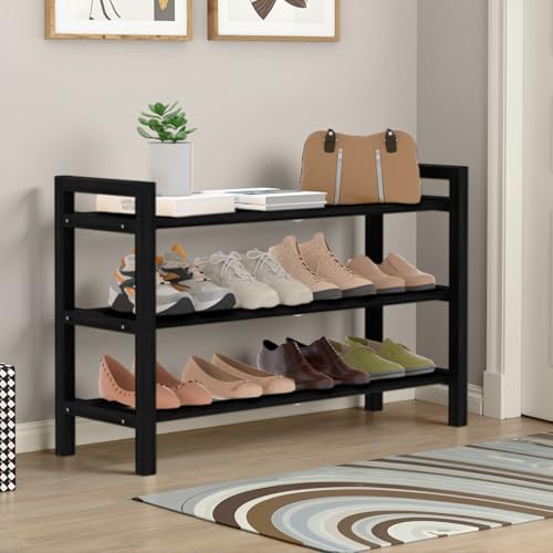 Haddockway Bamboo Shoe Rack for Closet, Free Standing Shoe Organizer with Smooth Round Rods & Convenient Handles, Stackable Shoe Storage Shelf for Entryway, Hallway(Black, 3-Tier) - color: Black, size: 3-Tier_Standard