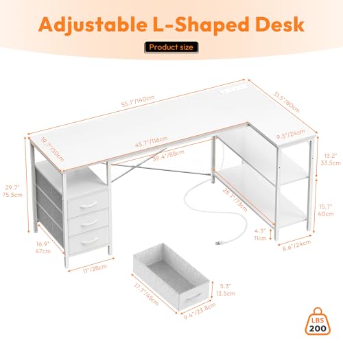 Alpen L Shaped Computer Desk, 55 Inch Corner Desk with Drawers and Power Outlets, Home Office Desk for Gaming, Study Writing PC Table with Storage and Reversible Shelf, White - color: White, size: 55 Inches